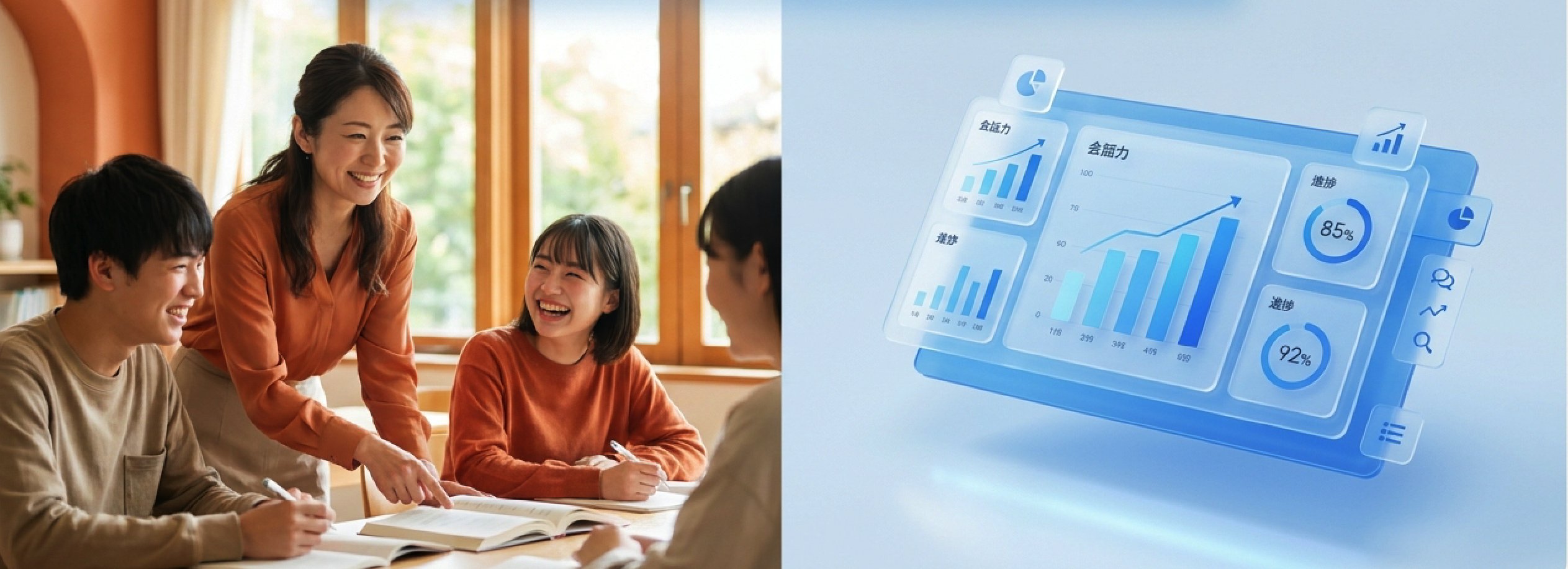 先生と生徒の授業風景とMyJTの学習分析ダッシュボード